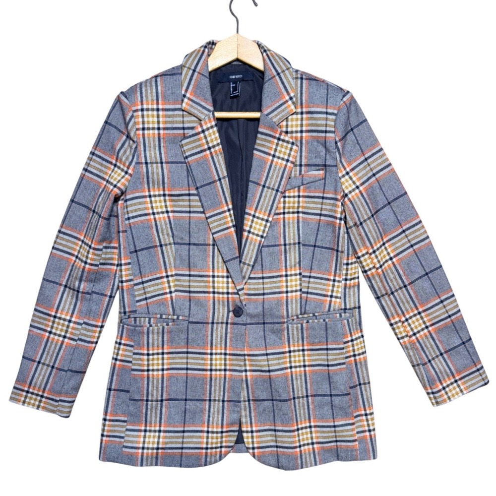 Forever 21 Blazer Womens S Plaid Gray Orange Notched Lapel EUC